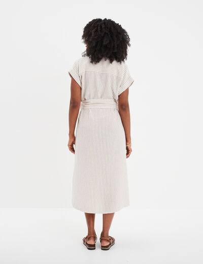 Robe chemise longueur genou ceinturée beige femme