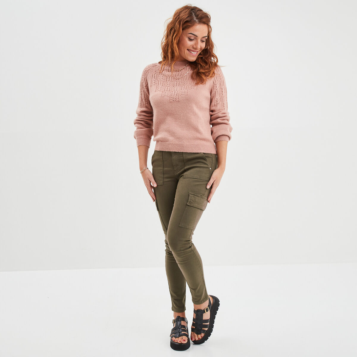 Pull manches ballons détails ajourés vieux rose femme
