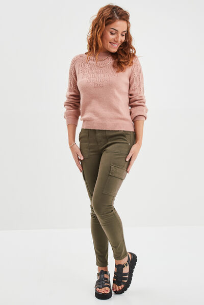 Pull manches ballons détails ajourés vieux rose femme