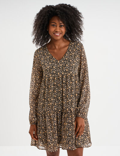 Robe évasée col en V et volants noir femme