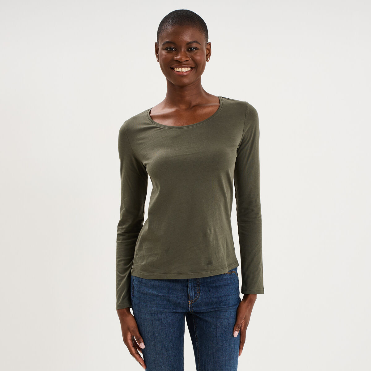 T-shirt coton col rond manches longues vert kaki femme