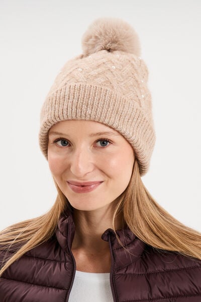 Bonnet tricot &agrave; pompon et perles beige femme