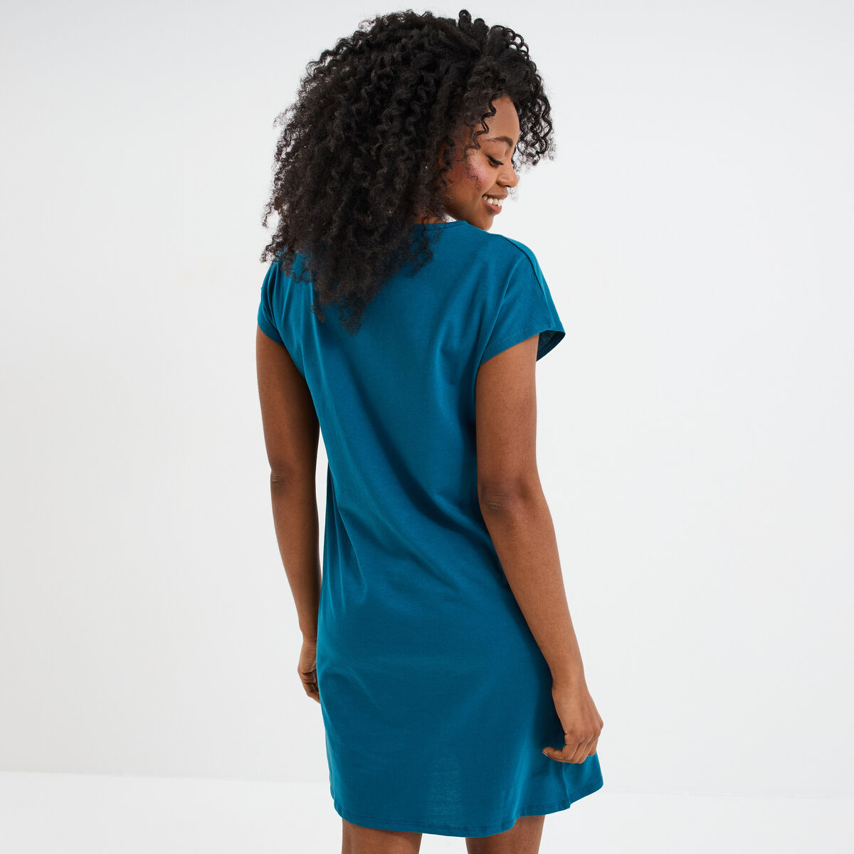 Chemise de nuit courte col rond bleu canard femme
