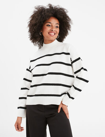 Pull col montant manches longues ecru femme
