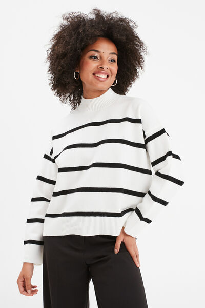 Pull col montant manches longues ecru femme