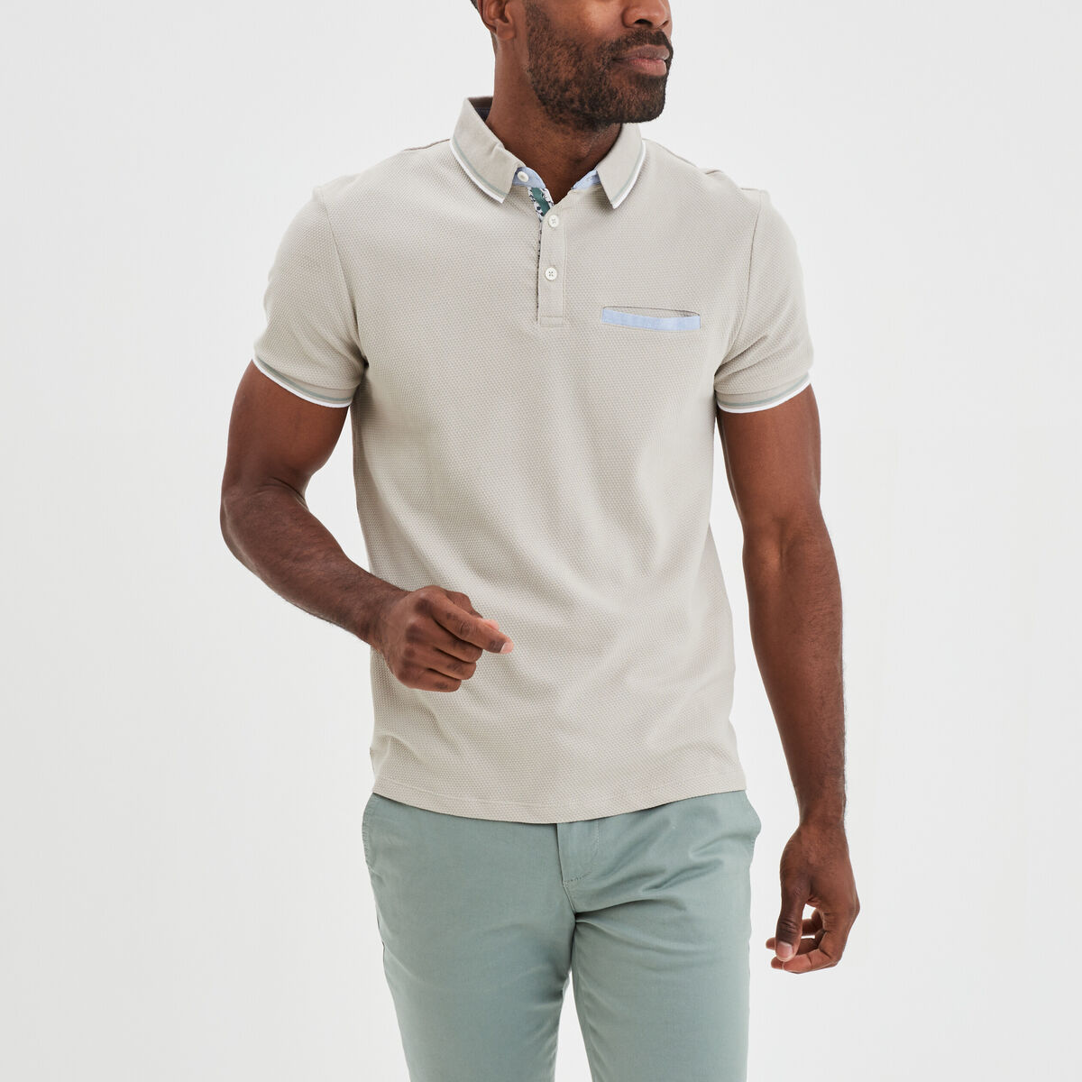 Polo piqu&eacute; manches courtes coton gris clair homme
