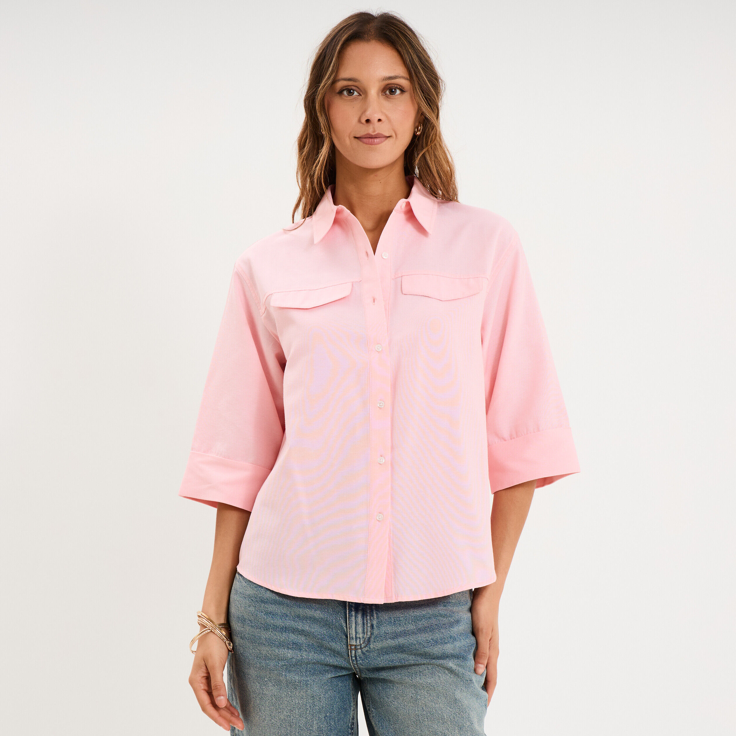 Chemise manches 3/4 poches poitrine rose clair femme LH