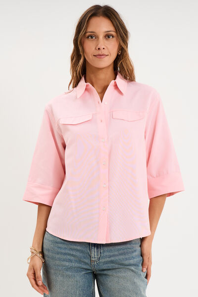 Chemise manches 3/4 poches poitrine rose clair femme