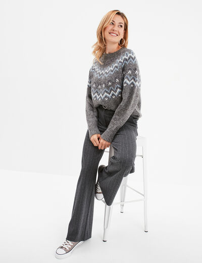 Pull jacquard col rond manches longues gris femme