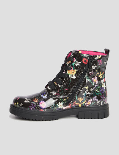 Bottines vernies crantées motif fleurs noir fille
