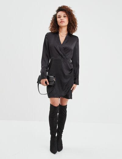 Robe satin portefeuille courte noir femme