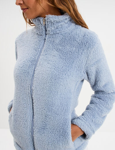 Veste effet polaire col montant bleu gris femme