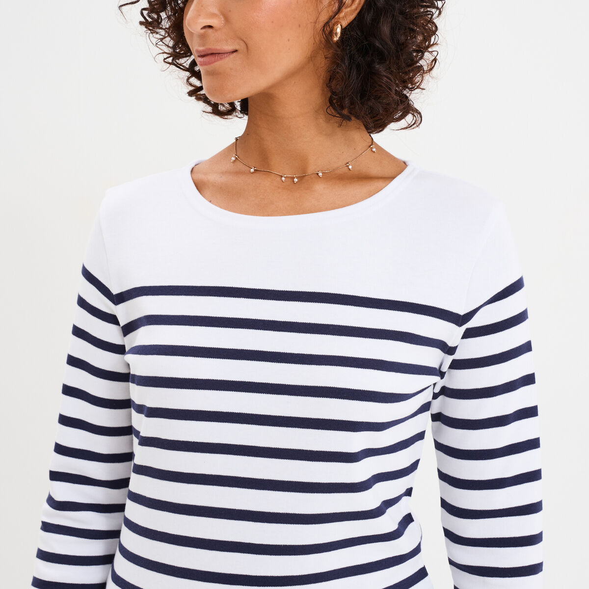 T-shirt marini&egrave;re manches longues coton blanc femme