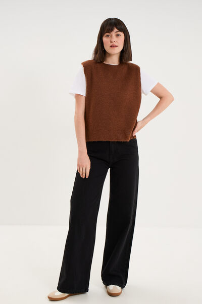 Pull col rond sans manches &agrave; boutons marron fonc&eacute; femme