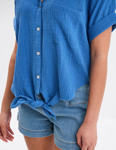 Chemise nouée manches courtes gaze coton bleu foncé femme