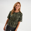 T-shirt &agrave; sequins manches courtes droit vert olive femme