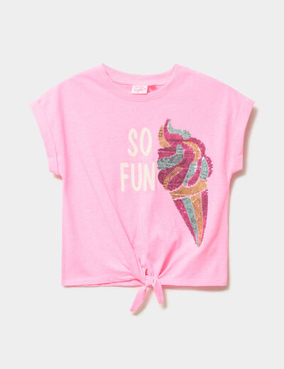 T-shirt nou&eacute; sequins manches courtes rose fluo fille