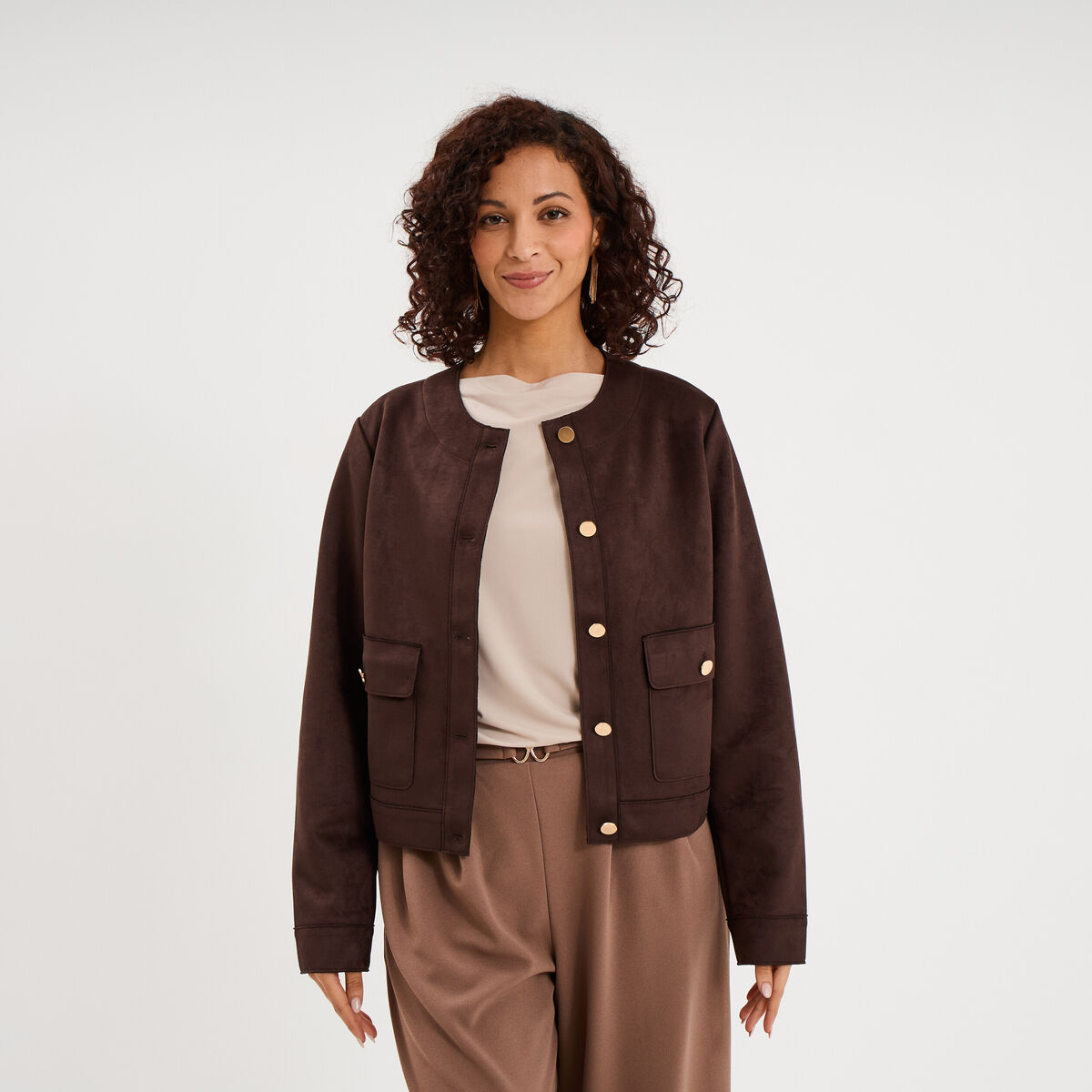 Veste boutonn&eacute;e effet su&eacute;dine marron fonc&eacute; femme