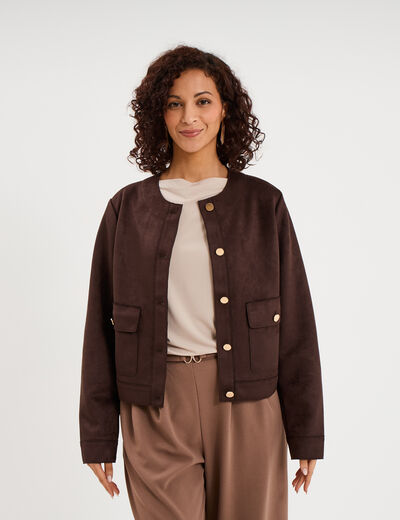 Veste boutonn&eacute;e effet su&eacute;dine marron fonc&eacute; femme