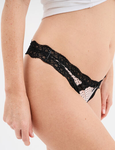 Tanga dentelle et plumetis rose clair femme