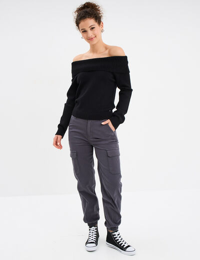 Pantalon cargo taille haute ajustable gris foncé femme
