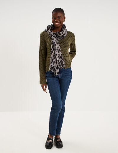 Pull ajour&eacute; col en V manches longues taupe femme
