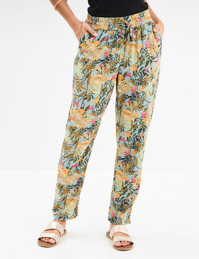 Pantalon fluide ceinture élastiquée vert émeraude femme