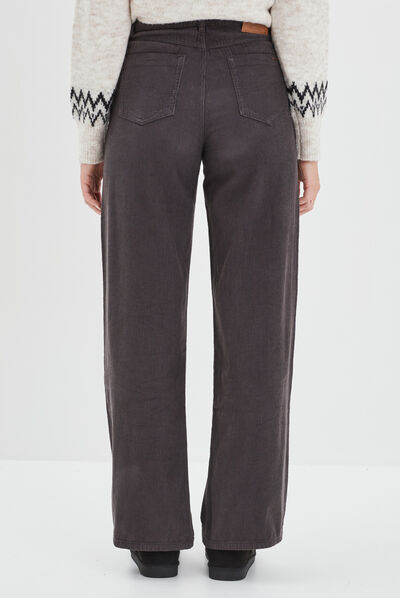 Pantalon velours taille haute large gris foncé femme
