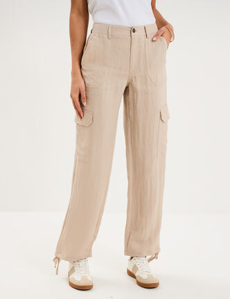 Pantalon cargo taille &eacute;lastiqu&eacute;e lyocell beige femme