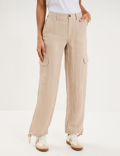 Pantalon cargo taille &eacute;lastiqu&eacute;e lyocell beige femme