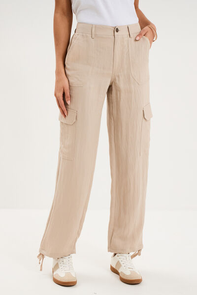 Pantalon cargo taille &eacute;lastiqu&eacute;e lyocell beige femme