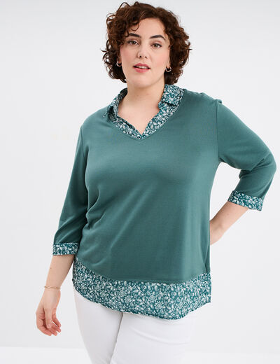 Pull 2-en-1 col chemise manches 3/4 vert foncé femme grande taille