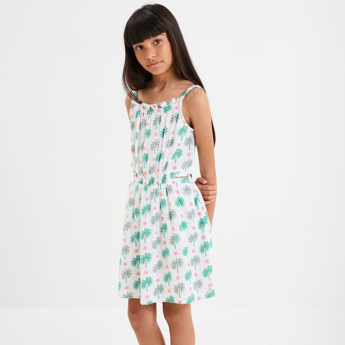 Robe &agrave; bretelles en gaze de coton ecru fille