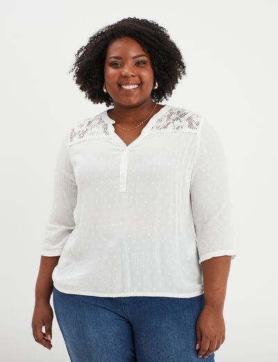 Blouse plumetis avec épaules dentelle blanc femme grande taille