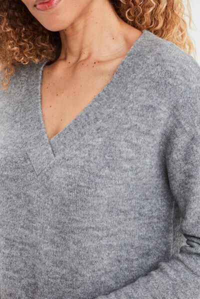 Pull col en V fentes aux côtés gris clair femme