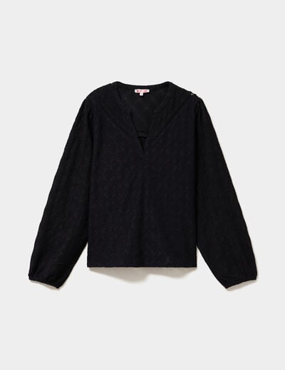 Blouse broderie anglaise col tunisien noir femme