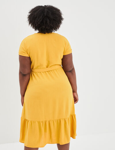 Robe cache-coeur évasée ceinturée jaune moutarde femme grande taille