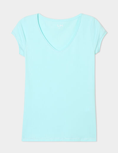 T-shirt col V ajusté manches courtes bleu turquoise femme