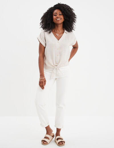 Blouse nouée ajustée manches courtes beige femme