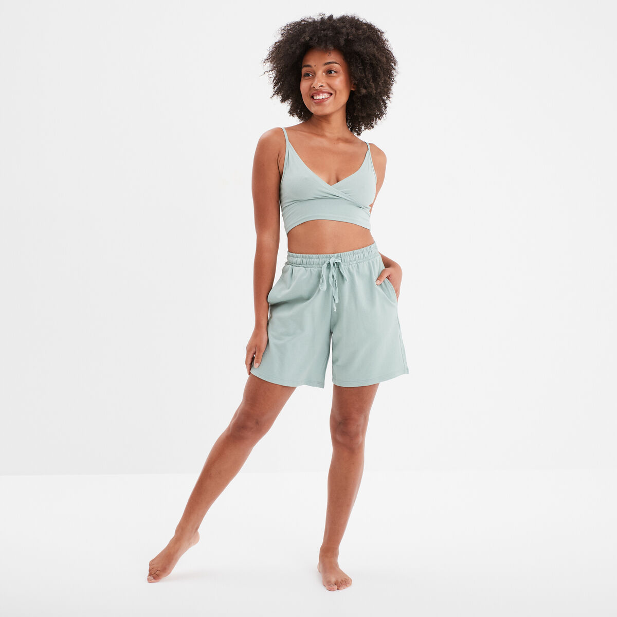 Bas de pyjama short taille élastiquée bleu gris femme