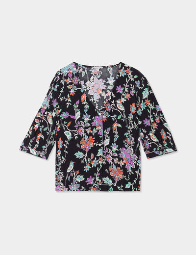 Blouse col en V manches ballons noir femme