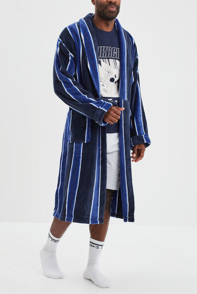 Peignoir rayures velours ceinturé bleu marine homme