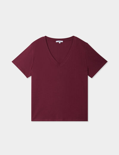T-shirt manches courtes col en V coton bordeaux femme