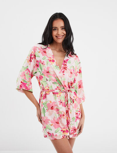 Déshabillé style kimono fluide rose femme