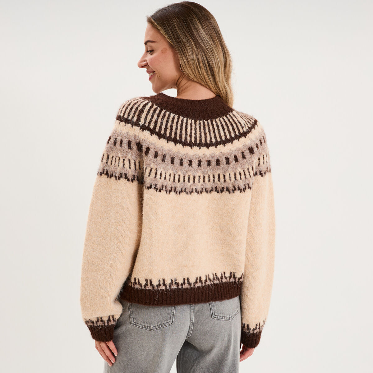 Gilet col rond manches longues beige femme