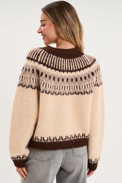 Gilet col rond manches longues beige femme