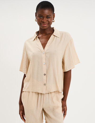 Chemise dos smock&eacute; manches courtes beige femme
