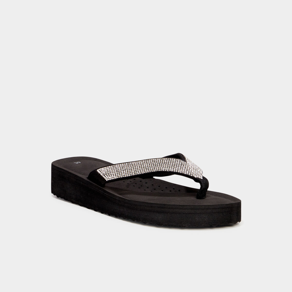 Tongs compens&eacute;es &agrave; strass noir femme