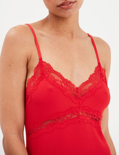 Nuisette côtelée fendue à dentelle rouge femme