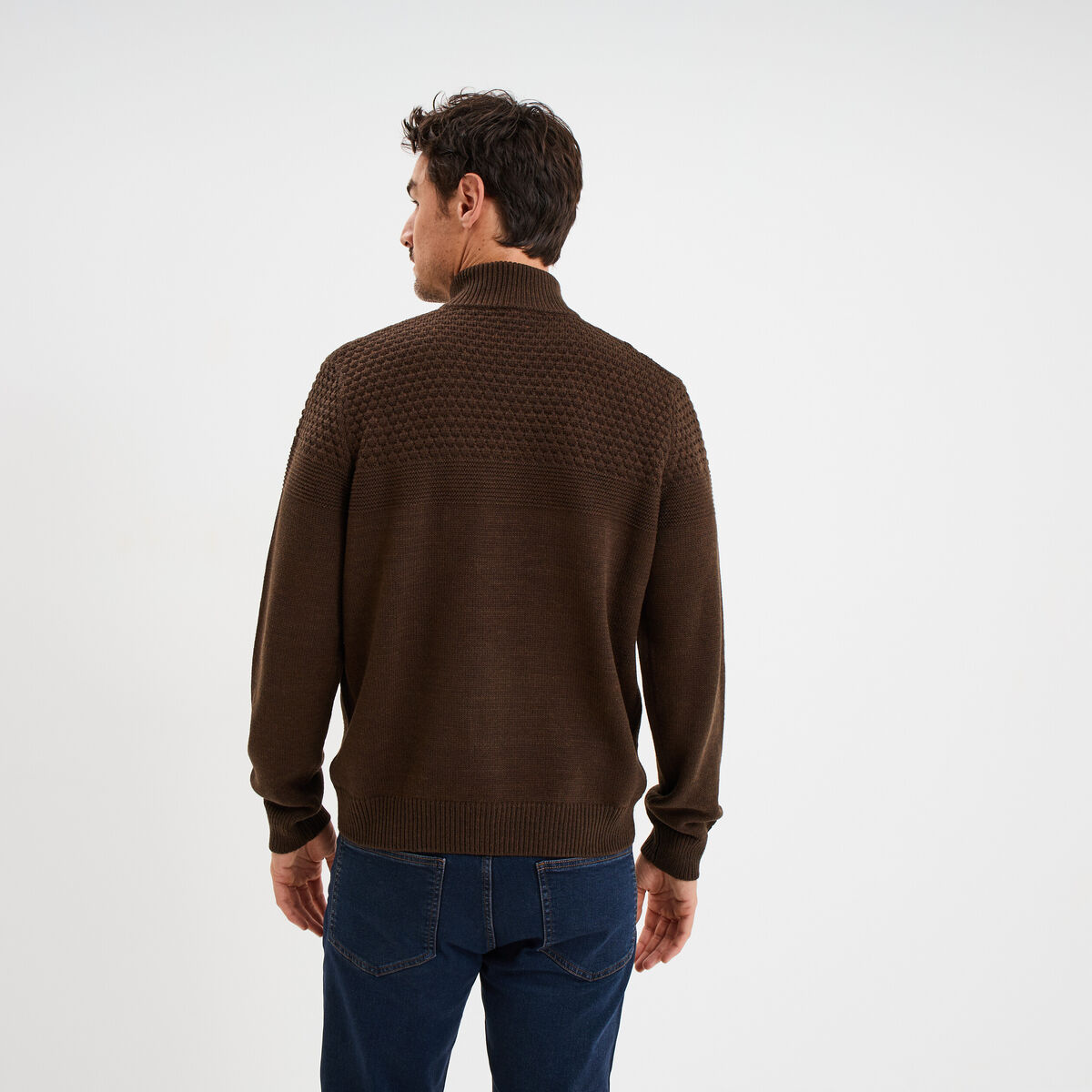 Pull col camionneur zipp&eacute; marron fonc&eacute; homme